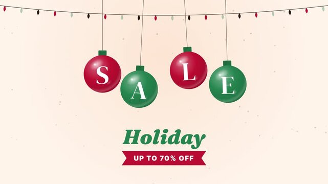 Christmas holiday sale animation with swinging ornaments spelling SALE under string lights and up to 70% off cream red and green snow loop