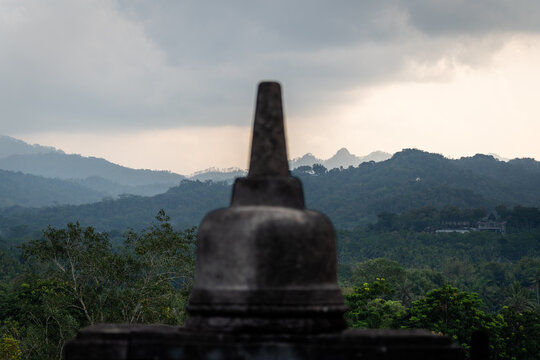 Borobudur Temple Stupas and Mountain Landscape, Indonesia