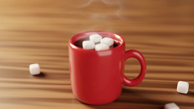 Steaming hot chocolate with melting marshmallows on a wooden table