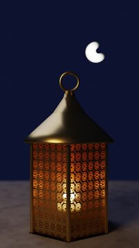 Golden Ramadan lantern flickering at night with a crescent moon (vertical)