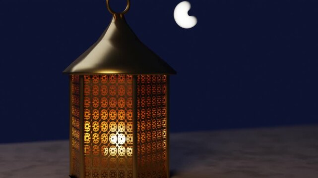 Golden Ramadan lantern flickering at night with a crescent moon