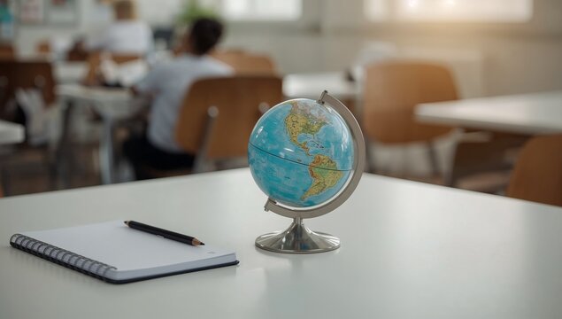 A small globe sits on a table next to a notebook, perfect for use in educational or business settings where a small reference globe is needed