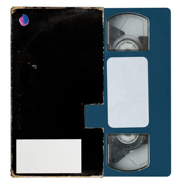 Retro blank VHS black sleeve and cassette tape, aged sleeve texture, png isolated on transparent background