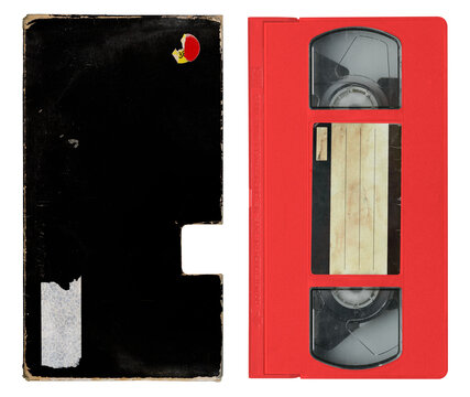 Vintage blank VHS black sleeve and cassette tape, aged sleeve texture, png isolated on transparent background