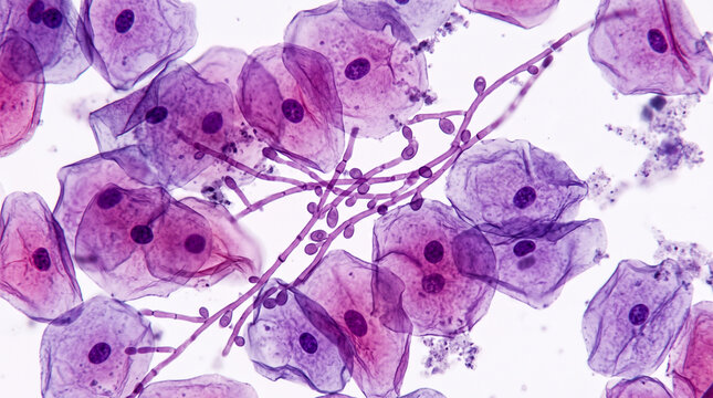 View in microscopic of Candidiasis, fungal infection (Yeast and Pseudohyphae form) in pap smear slide cytology and diagnostic by pathologist.Gynecology report and diagnosis.Sexually transmitted infect