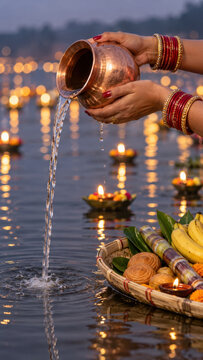 Chhath Puja arghya ritual with woman pouring water from copper kalash into sacred river, traditional Surya Dev worship with sugarcane and fruit offerings during devotional Hindu festival