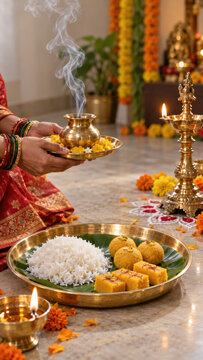 Indoor chhath puja preparation with a smoking brass vessel on a flower thali, rice with laddoo sweets, lit oil lamps beside a devotional food offering