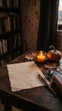 blank parchment paper sheet next to a glowing amber glass candle, small decorative pumpkin, dark wooden table, soft flickering warm light, moody cinematic autumn background for poetry and prose,