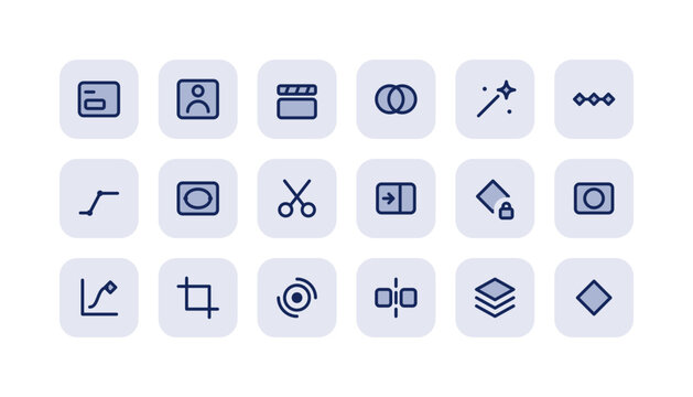 Crop frame keyframe diamond and trim scissors rounded tile icon set