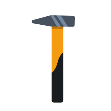 Classic steel hammer. Machinist hand tool with yellow handle for carpentry, DIY construction, and workshop repair work in flat vector graphic illustration style.