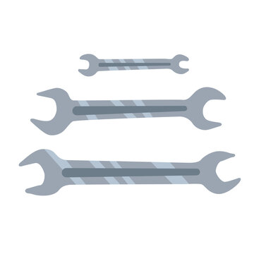 Spanner wrenches set. Double open end hand tools for automotive repair, plumbing, and mechanical maintenance in flat vector graphic illustration style.