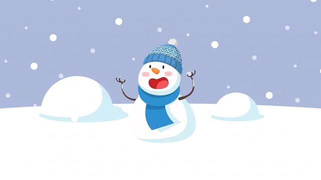 Animated snowman character waving arms in a winter snowstorm