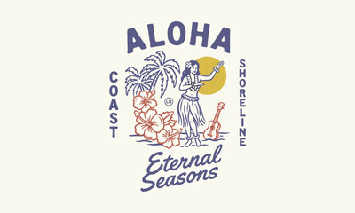 Vintage Aloha graphic featuring a hula dancer with hibiscus flowers and palm trees on the coast. © Irfan