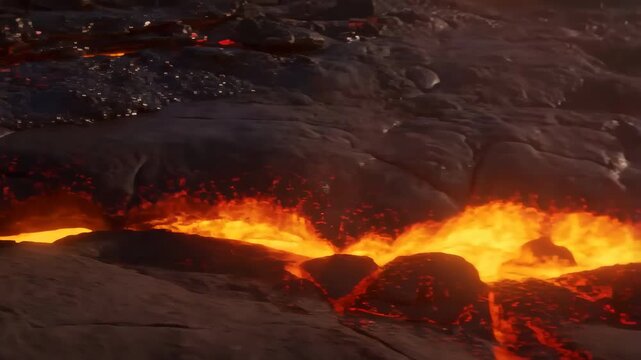 60 FPS Close up lava river surging through cracked basalt crust with glowing fissures and heat haze