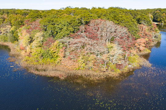 Colorful autumn foliage is found fringing Pilgrim Lake in Orleans, Massachusetts. This scenic destination is on the outer part of Cape Cod, not far from the Atlantic Ocean.