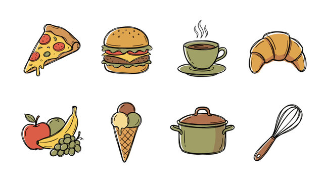 Collection of hand drawn food icons featuring pizza burger coffee croissant and utensils