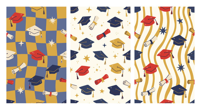 Set of three playful graduationthemed patterns with caps diplomas and stars