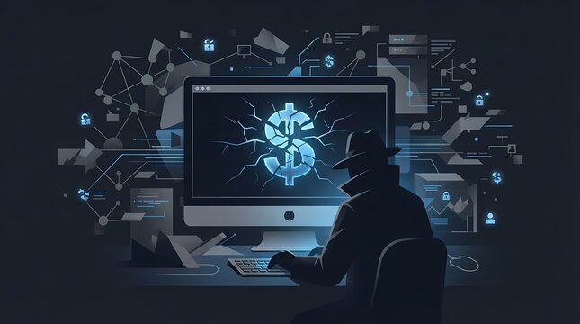 Hacker attacking digital financial systems with cracked dollar sign icon.