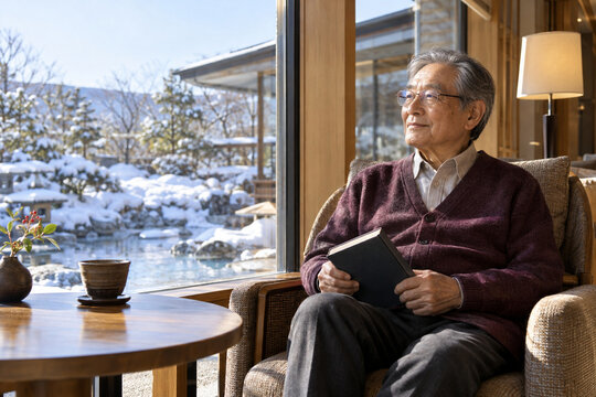 Man enjoying a quiet hotel reading corner in winter