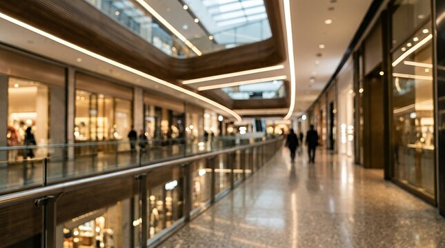 Blurred modern interiora luxury commercial shopping mall and retail store showing soft ambient illumination bokeh reflections and sleek contemporary architectural walkway background blur