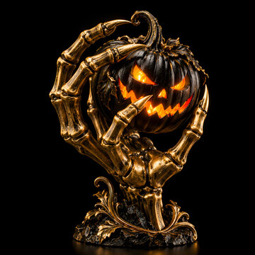 Glowing orange jack-o'-lantern held by an ornate golden skeletal hand sculpture, featuring a sinister carved face and metallic gothic details on a pure black background
