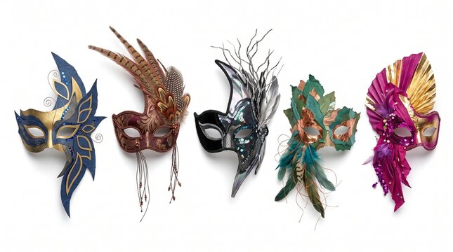 A collection of five ornate masquerade masks, each uniquely decorated with feathers, glitter, and intricate designs, displayed in a row
