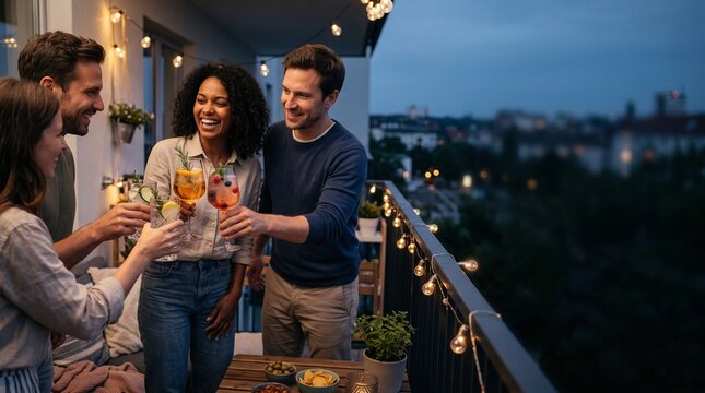 Friends enjoying drinks and conversation on a balcony at dusk with city lights in the background. The atmosphere is relaxed and festive, illuminated by string lights