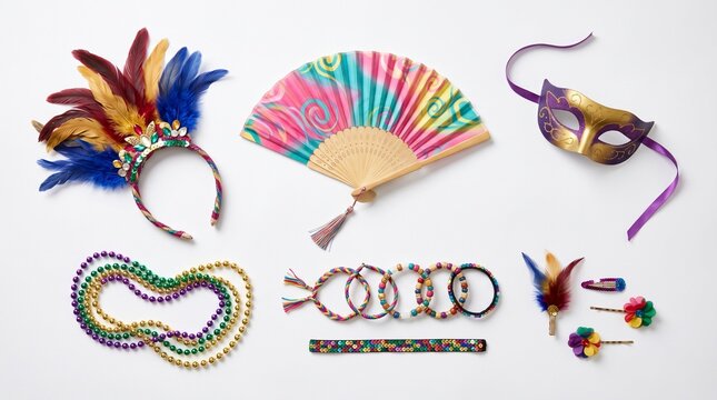 A vibrant collection of Mardi Gras party accessories, including a feathered headband, a colorful fan, a masquerade mask, beaded necklaces, bracelets, and hair clips, laid out on a white surface