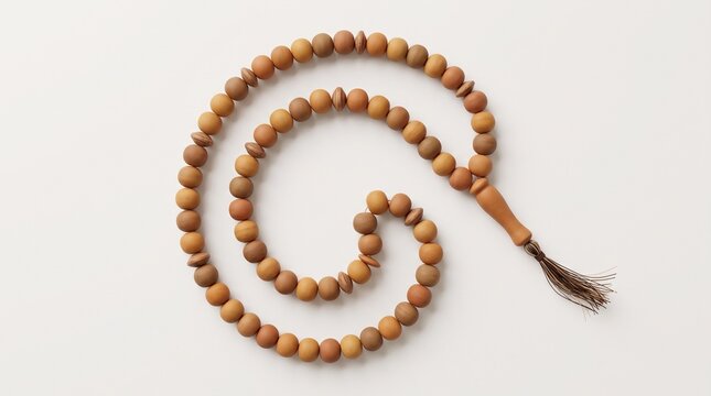 Wooden tasbih prayer beads with tassel Ramadan 3D illustration isolated on white