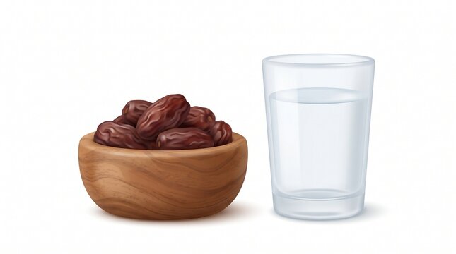 Dates in wooden bowl with glass of water for iftar Ramadan 3D illustration isolated on white