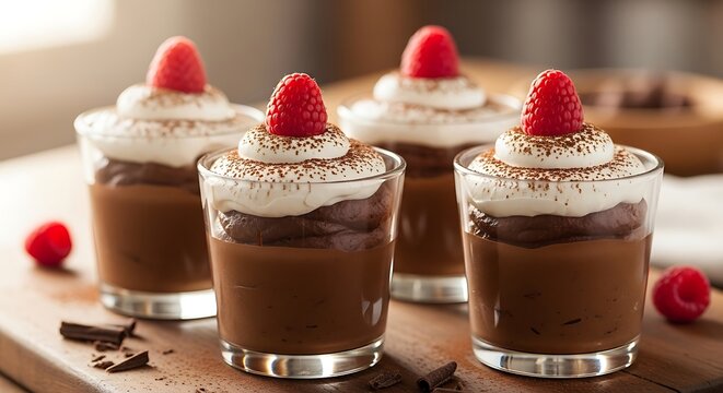 Creamy chocolate mousse parfaits topped with fresh raspberry fruit on board