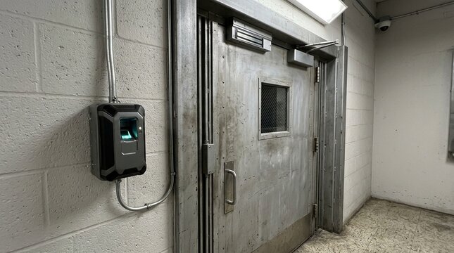 Fingerprint reader beside restricted storage room, biometric security and controlled access