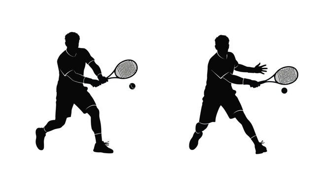 Tennis player silhouettes demonstrate a forehand swing against a white background