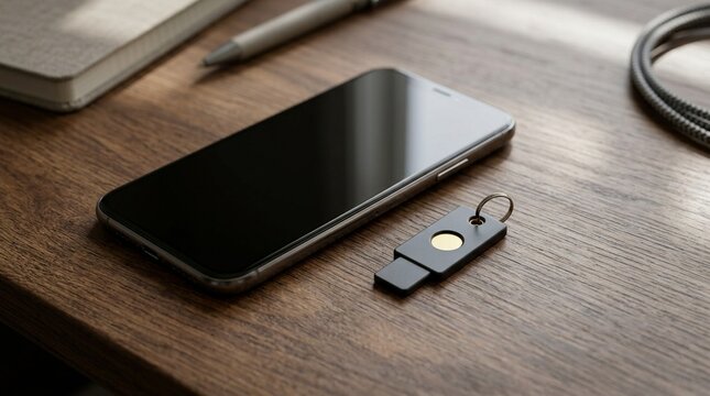 NFC security key beside phone on desk, passwordless authentication and mobile cybersecurity