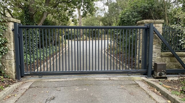 Sliding gate at vehicle entrance, automated perimeter security and commercial property access