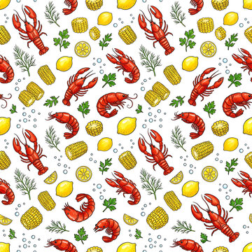 Seamless pattern with lobsters, lemons, corn, and herbs on white background