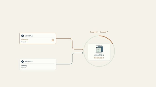Inventory Reservation Timeout and Stock Reallocation Animation 4K ecommerce checkout animation showing two customer sessions requesting the final available product