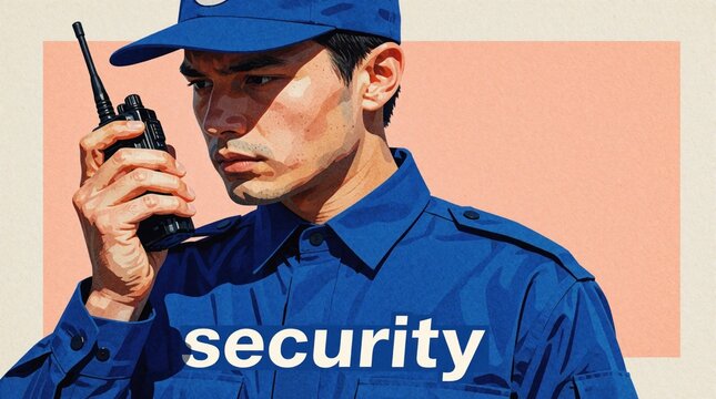 Serious male security guard in blue uniform uses walkie talkie radio. Professional man holds communication device to speak. Young officer monitors safety with wireless transceiver. Concept of