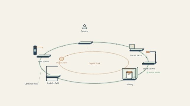 Reusable Packaging Deposit Refund and Container Return Cycle Animation 4K isometric circular commerce animation showing a reusable refill container
