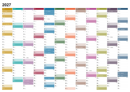 Calendar for the year 2027 with Austrian holidays in German language. Differently colored months in vertical columns. Wallplanner, span-a-year calendar