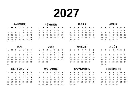 Calendar for the year 2027 with French holidays in French language. Pure Black and White. 4x3 months grid. Planner, span-a-year calendar