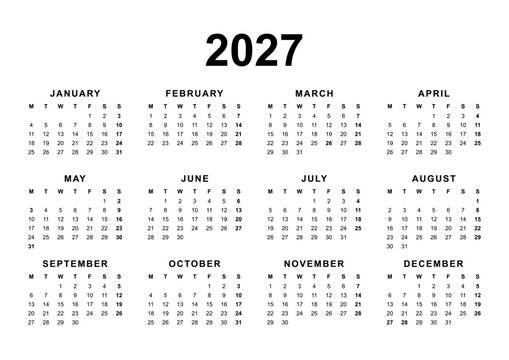 Calendar for the year 2027 with British holidays in English language. Pure Black and White. 4x3 months grid. Planner, span-a-year calendar