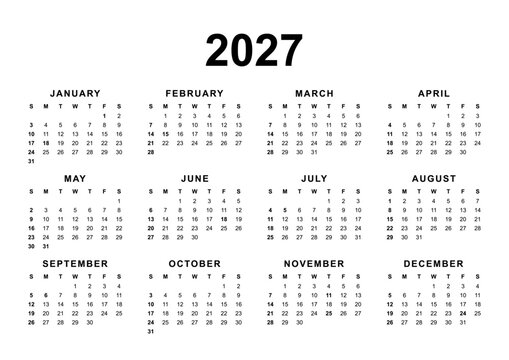 Calendar for the year 2027 with US holidays in English language. Pure Black and White. 4x3 months grid. Planner, span-a-year calendar