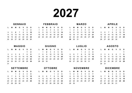 Calendar for the year 2027 with Italian holidays in Italian language. Pure Black and White. 4x3 months grid. Planner, span-a-year calendar