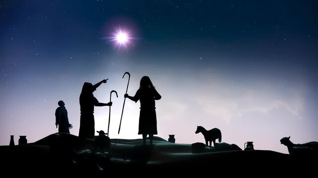 Shepherds Silhouettes Looking at Star of Bethlehem Over Ancient Town on Christmas Night 3D Render 