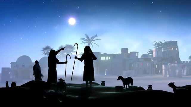 Shepherds Silhouettes Looking at Star of Bethlehem Over Ancient Town on Christmas Night 3D Render 