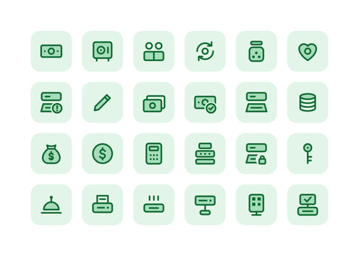 24 rounded tile icons of cash safe service bell and tip jar