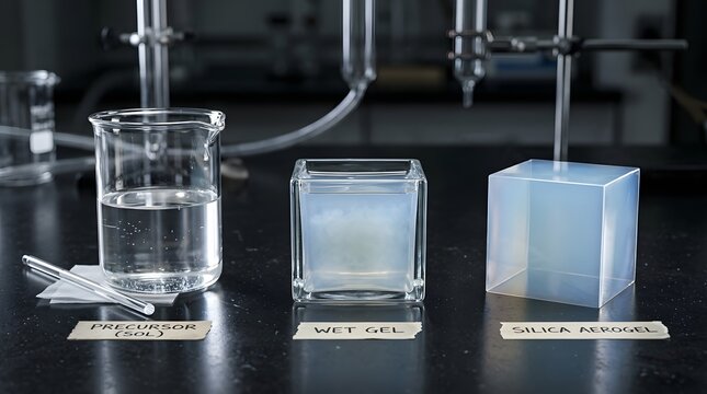 Chemical laboratory demonstration comparing precursor sol, wet gel, and final silica aerogel blocks arranged across a dark tabletop surface