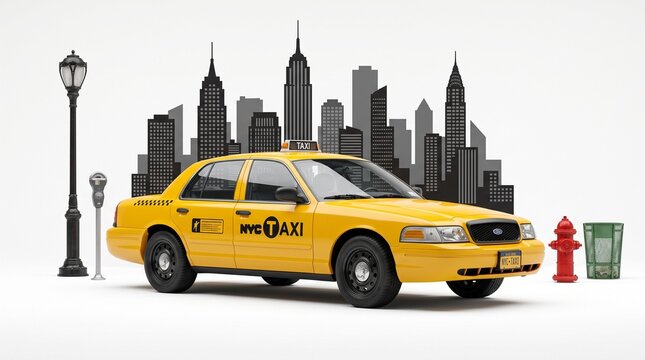 Yellow taxi cab parked on a city street with urban skyline