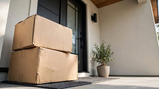 Two cardboard delivery boxes stacked on a doormat in front of a modern house's front door, indicating a package delivery.